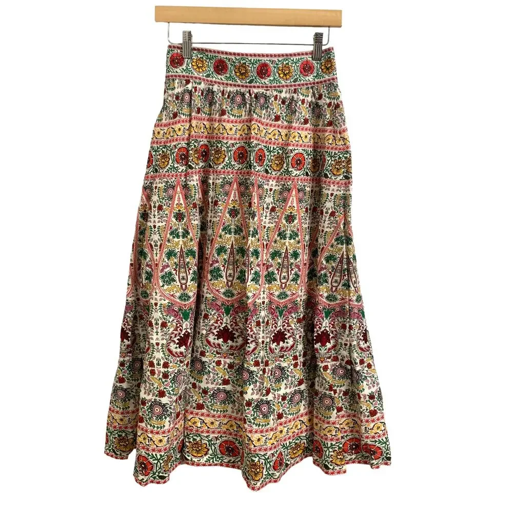 Alice + Olivia Earla embroidered cotton linen midi skirt floral pot ecru 0 $495‎